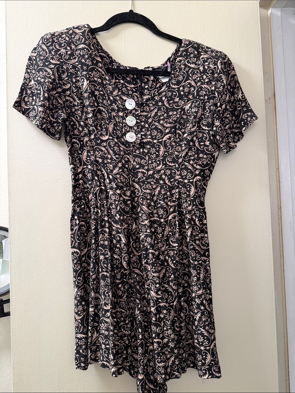 Vintage Black and Blush Floral Short-Sleeve Fit & Flare Jumpsuit